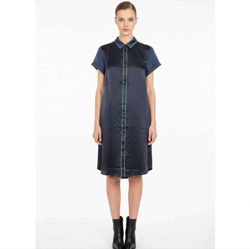 Wildfang Navy Satin Shirt Midi Dress with Green Piping